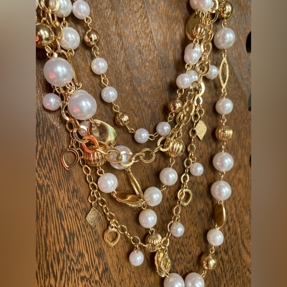 Gold color & faux pearl waterfall multi strand necklace 22” adjustable - Picture 3 of 4